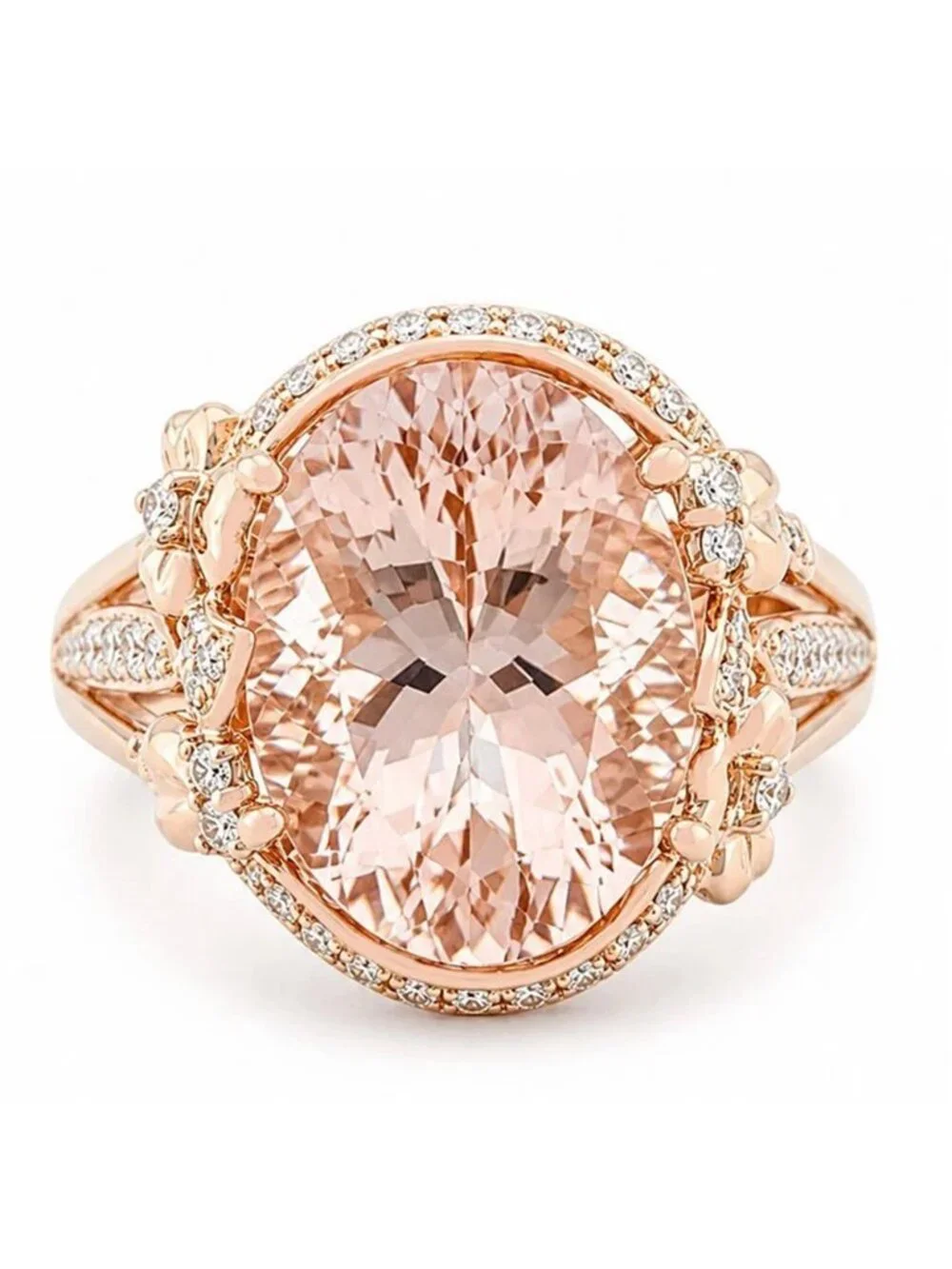Genuine 15.0 Cts Morganite & Diamonds Ring Solid 14k Rose Gold